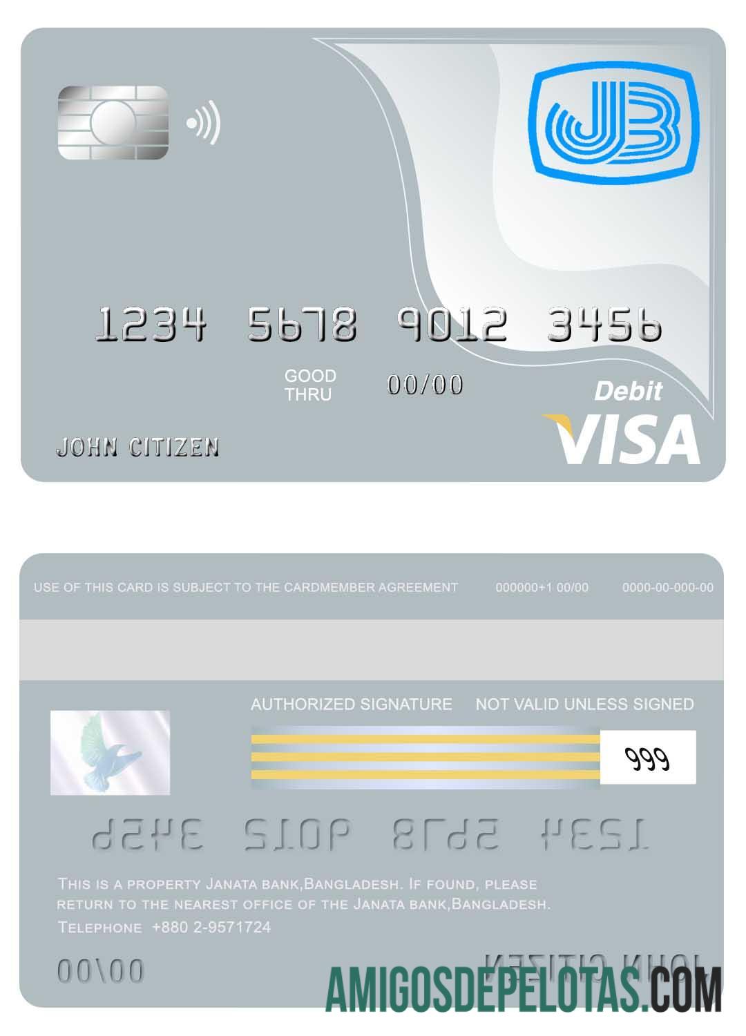 Cartão Visa do Banco Janata de Bangladesh exemplo real